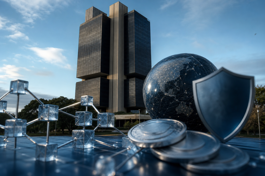 Banco Central restringe operações com prestadoras de criptoativos não autorizadas Edifício do Banco Central do Brasil em Brasília em composição editorial sobre regulação de ativos virtuais